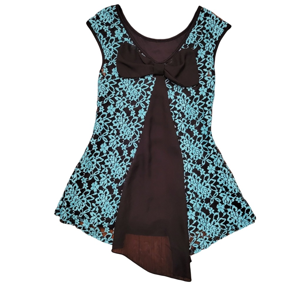 Julies Closet S Tunic Top Turquoise Black Lace Bow High Low Y2K Whimsigoth USA